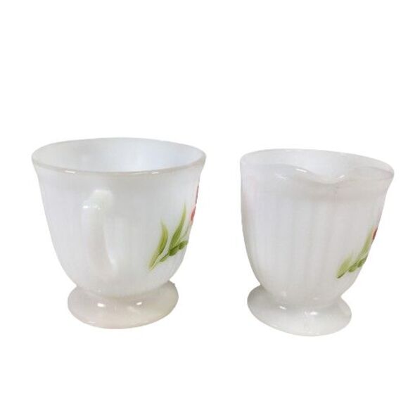 Macbeth Evans Monax Petalware Florette Red Floral Cream & Sugar Bowl Set Footed - Picture 6 of 8